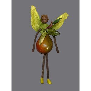 Pear-Themed Fairy Figurine With Fabric Leaves & Stick Accessory